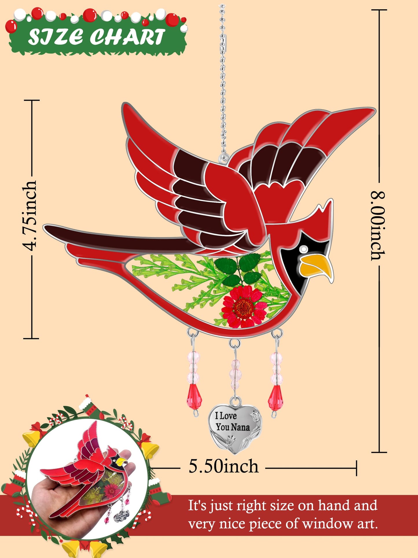 KY&BOSAM Cardinal Suncatcher I Love You Nana Gifts Stained Glass for Windows Hangings Wind Chime Ornament with Pressed Real Flowe and Heart Charm Birthday Gifts for Nana Women Mother's Day Christmas