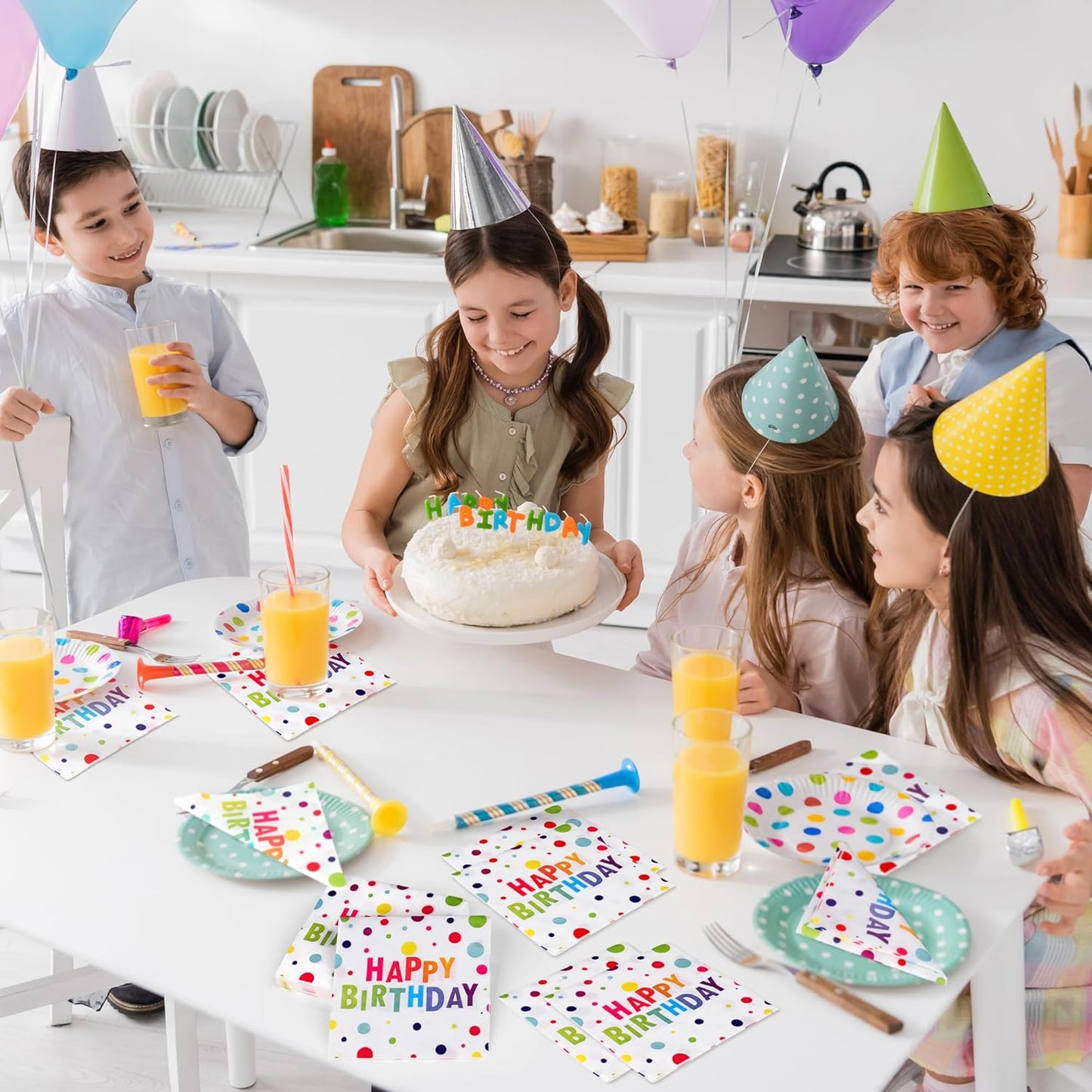 Aodaer 48 Pieces Happy Birthday Paper Napkins Disposable Rainbow Napkins Colorful Cocktail Dinner Napkin Set 13" x 13" Unfolded Tableware Napkin for Rainbow Party Supplies Birthday Party Decoration
