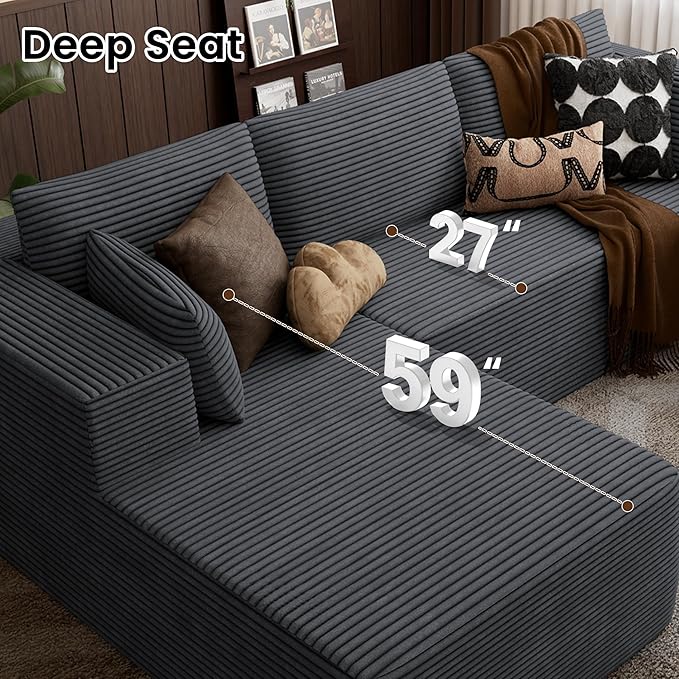 106" Cloud Sectional Boneless Couches for Living Room, Modular L Shaped Couch with Deep Seat Oversized Left Facing Chaise, Memory Foam Compressed Spineless 3 Seater Sofa for Bedroom Apartment, Grey