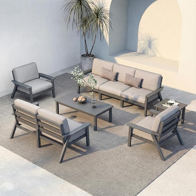Patio Kingdom HDPE 7 Piece Patio Furniture Set, HDPE Outdoor Sectional with with Gray Thick Cushions, Coffee Table and Side Table, Patio Conversation Sets for Lawn, Garden, Porch (Gray Frame)