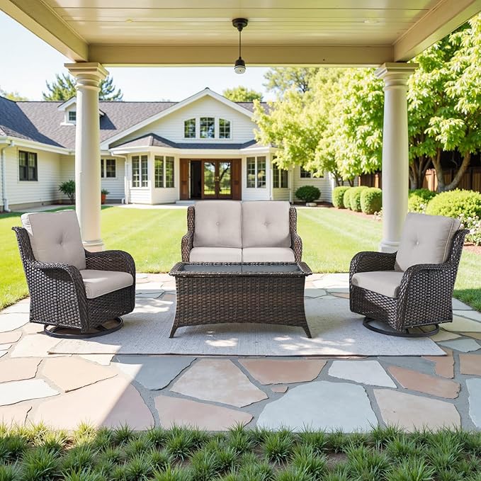 Belord 4 Piece Patio Furniture Set - Outdoor Glider Bench with Swivel Rocker Chairs and Coffee Table, High Back Small Outdoor Conversation Furniture Sets for Deck Sunroom Balcony Backyard