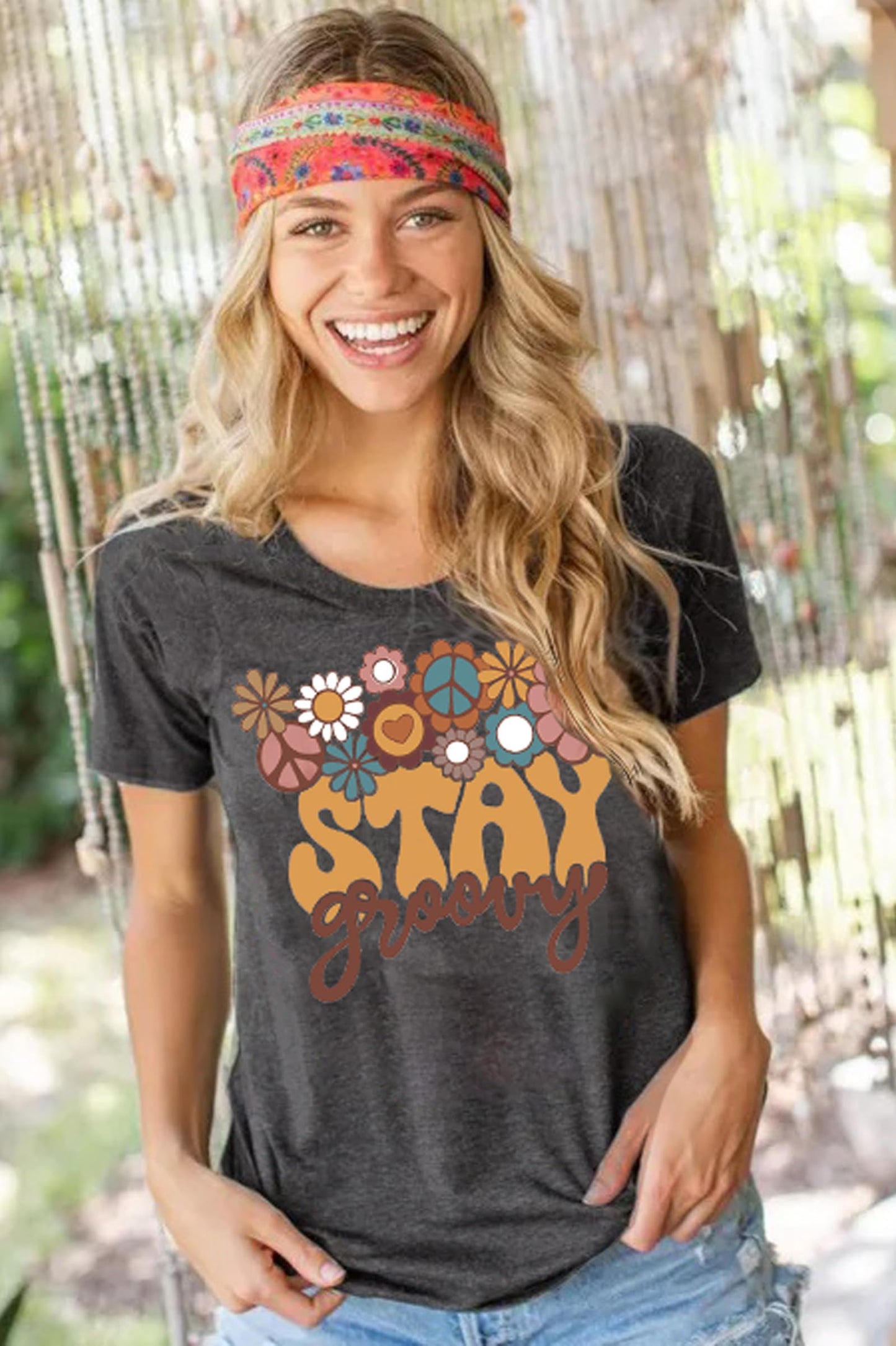 Stay Groovy Shirt for Womens Floral Graphic Retro Shirts Hippie 70s Tee Summer Tee Tops(Grey,XX-Large)