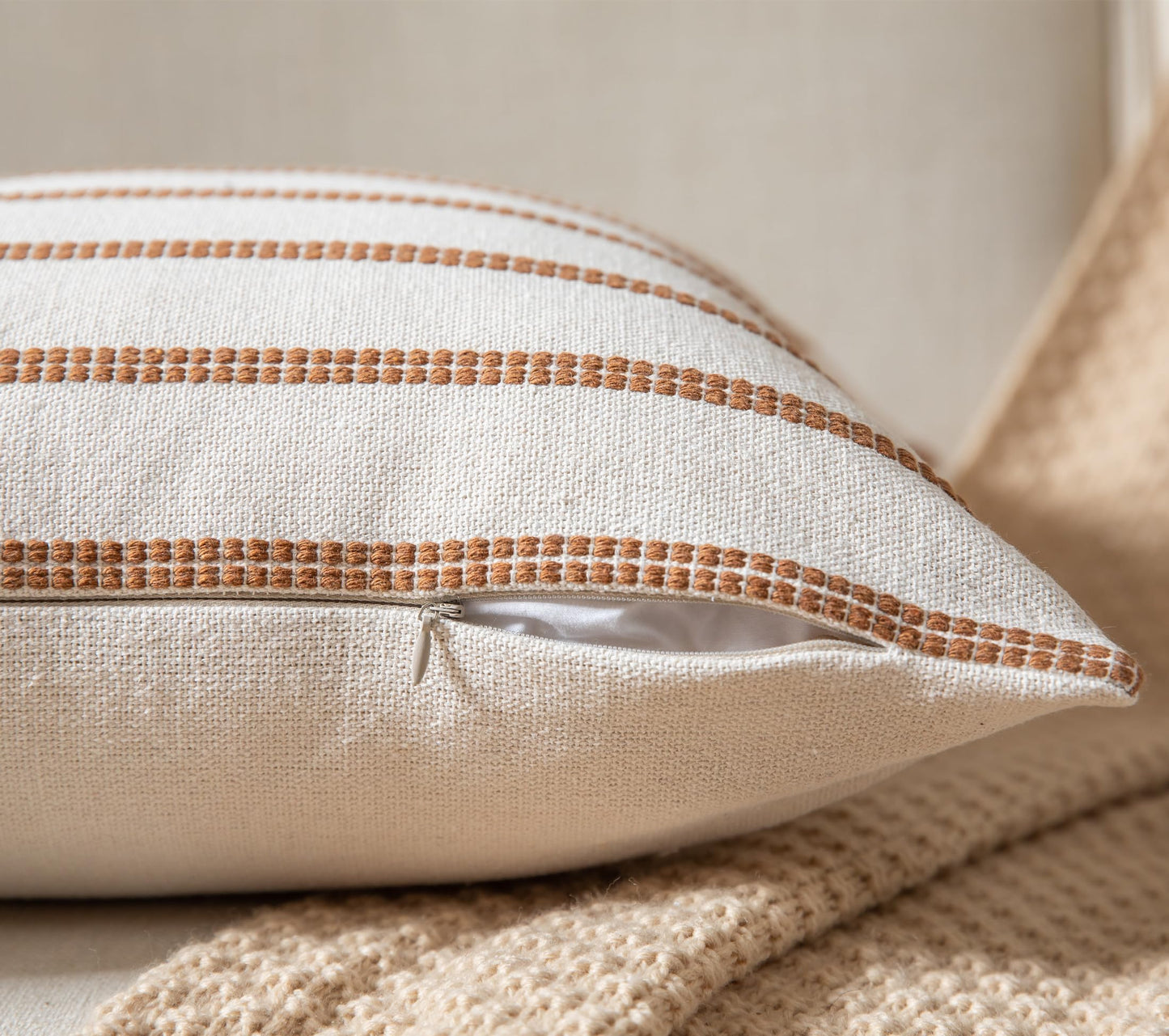 Boho Throw Pillow Covers 18x18 Set of 2 Soft Farmhouse Decorative Couch Pillow Cases Brown Striped Pillow Covers Neutral Cushion Covers for Sofa Bed Living Room Home Decor