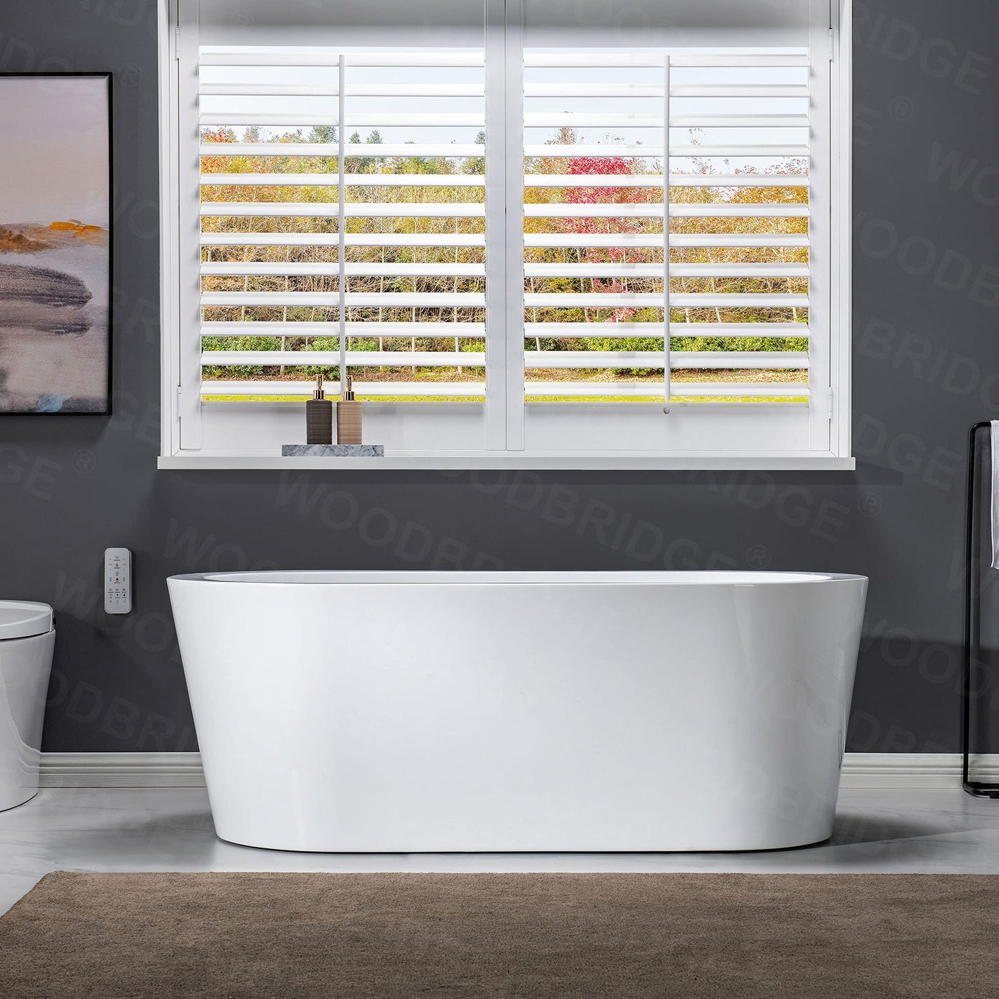 WOODBRIDGE 59" Acrylic Freestanding Bathtub Contemporary Soaking White Tub with Chrome Overflow and Drain, B0012 -C-Drain &O