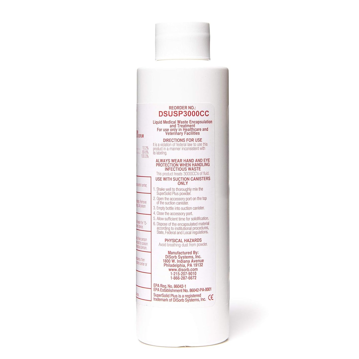 DiSorb Suction Canister Sterilizer Absorbent Powder - Absorbs Bodily Fluids & Blood - For Hospitals, Health Care Facilities, Veterinary Clinics - EPA Approved Solidifier - 1500cc -100 Bottles Per Case