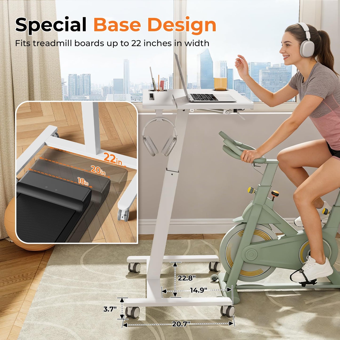 JOY worker Mobile Standing Desk for Treadmill, 31.5" Small Pneumatic Height Adjustable Walking Pad Desk, 40° Foldable Rolling Bike Trainer Stand Table on Wheels with Cup Holder & Towel Rack, White