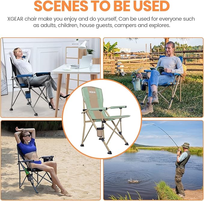 XGEAR Camping Chair Hard Arm High Back Lawn Chair Heavy Duty with Cup Holder, for Camp, Fishing, Hiking, Outdoor, Carry Bag Included