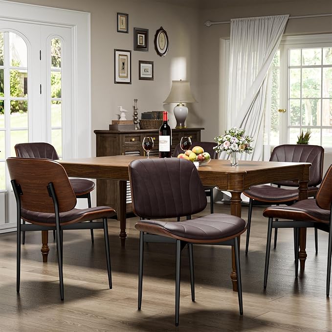 YaFiti Dining Chairs Set of 4, Dining Room and Kitchen Chairs, Mid Century Modern Accent Chair, Upholstered PU Leather Chairs for Vanity with Walnut Bentwood and Metal Legs, Brown