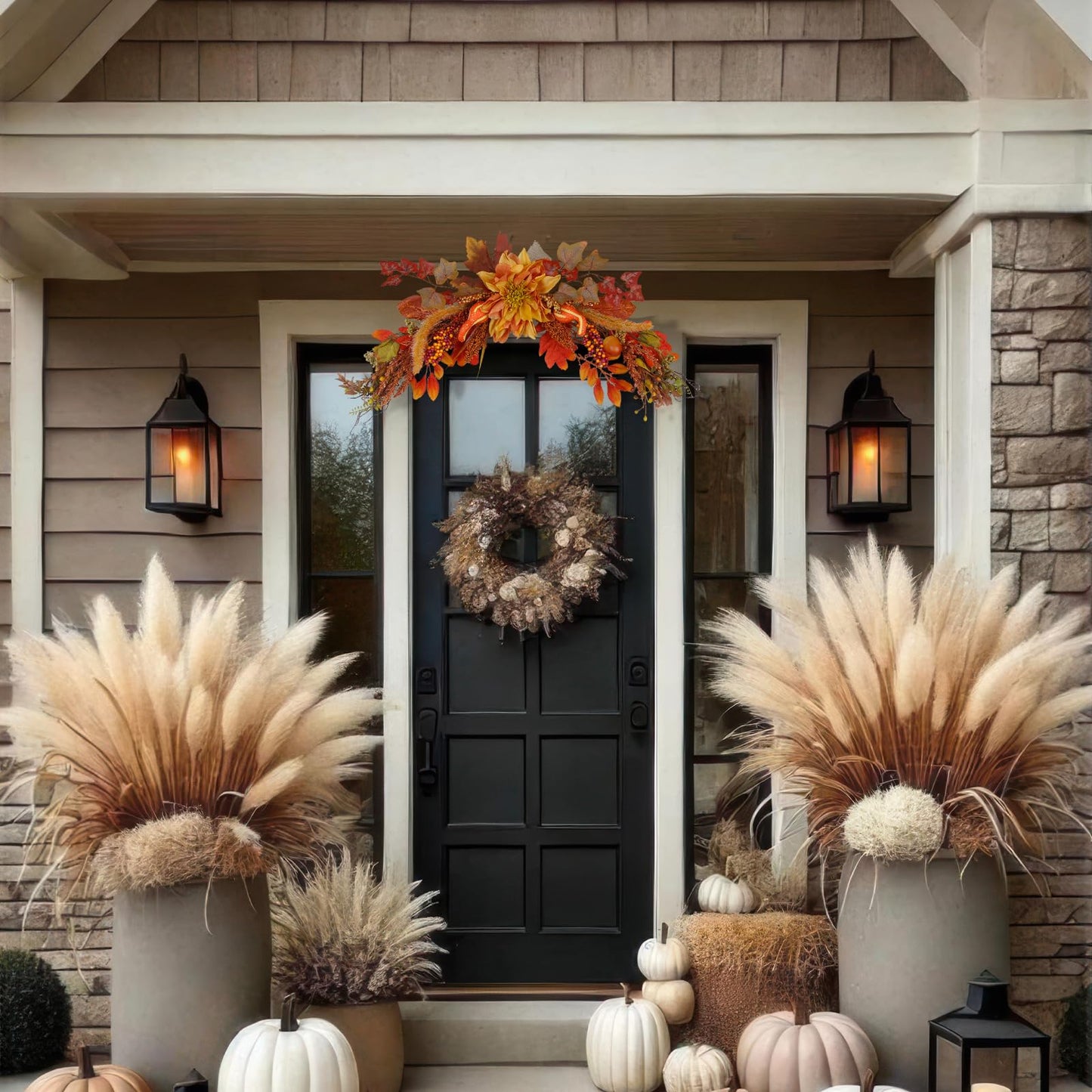 ACRYCS Fall Swag Wreaths for Front Door Artificial Dahlia Flowers Orange Floral Swag Autumn Pumpkins Berries Maple Leaf Fall Swags and Garlands for Wedding Arch Mantle Windows Wall Decor Thanksgiving