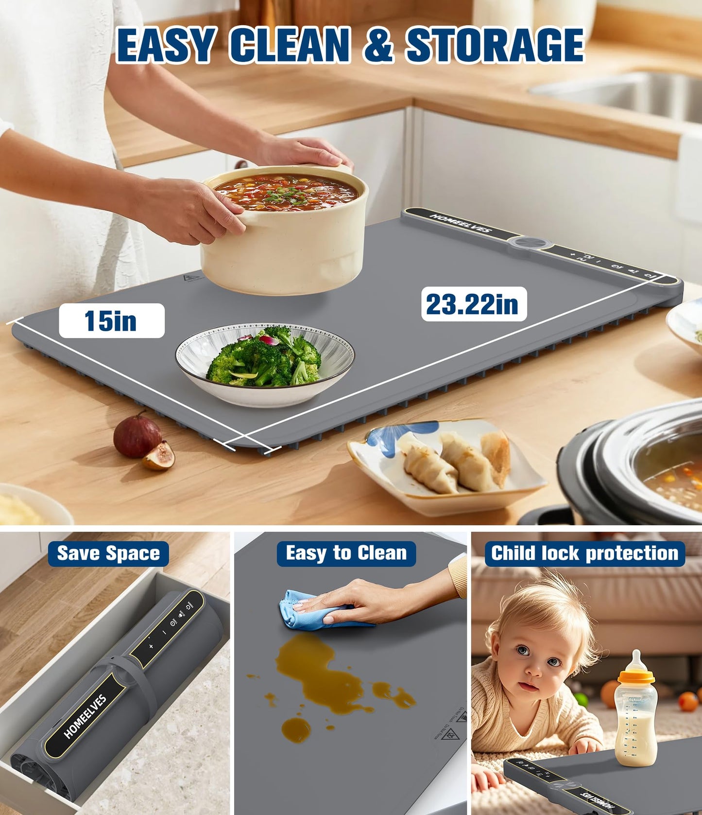 Food Warming Mat, Rapid Heating Electric Warming Tray with 9 Temp Setting and 6 Hours Timer, Foldable Warming Mat for Food, Portable Food Warmers for Parties Buffet, Gray