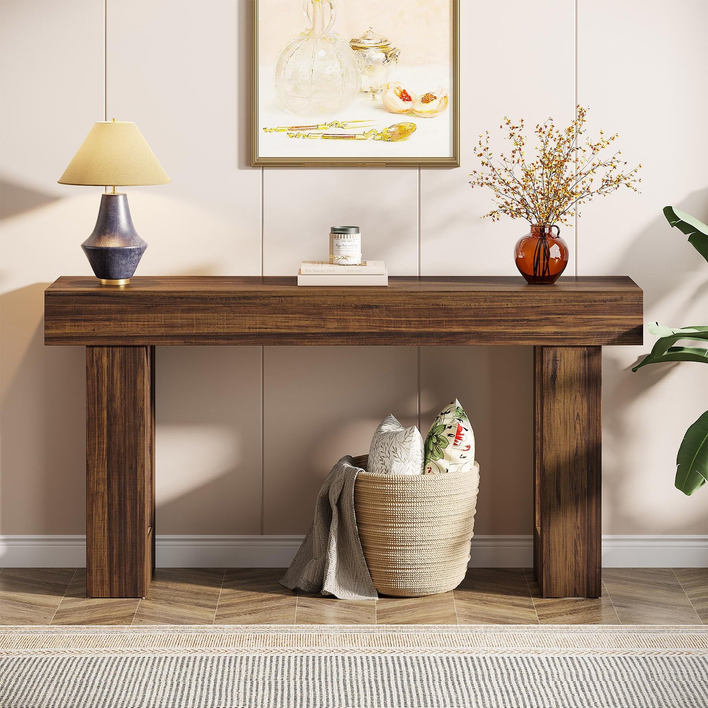 Tribesigns 63-Inch Long Console Table, MDF Wood Grain Rectangular Sofa Table Behind The Couch, Farmhouse Entryway Table for Entrance, Hallway, Living Room (Rustic Brown)