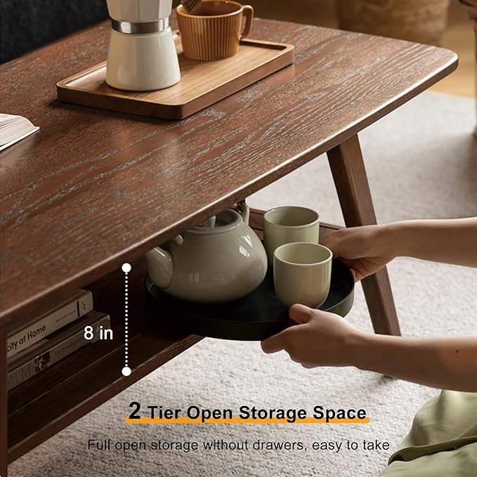 QKFF Modern Solid Wood Coffee Table, 2-Tier Small Wooden Coffee Table with Storage Shelf for Living Room, Apartment, Office, Walnut (48''D x 22''W x 18''H)