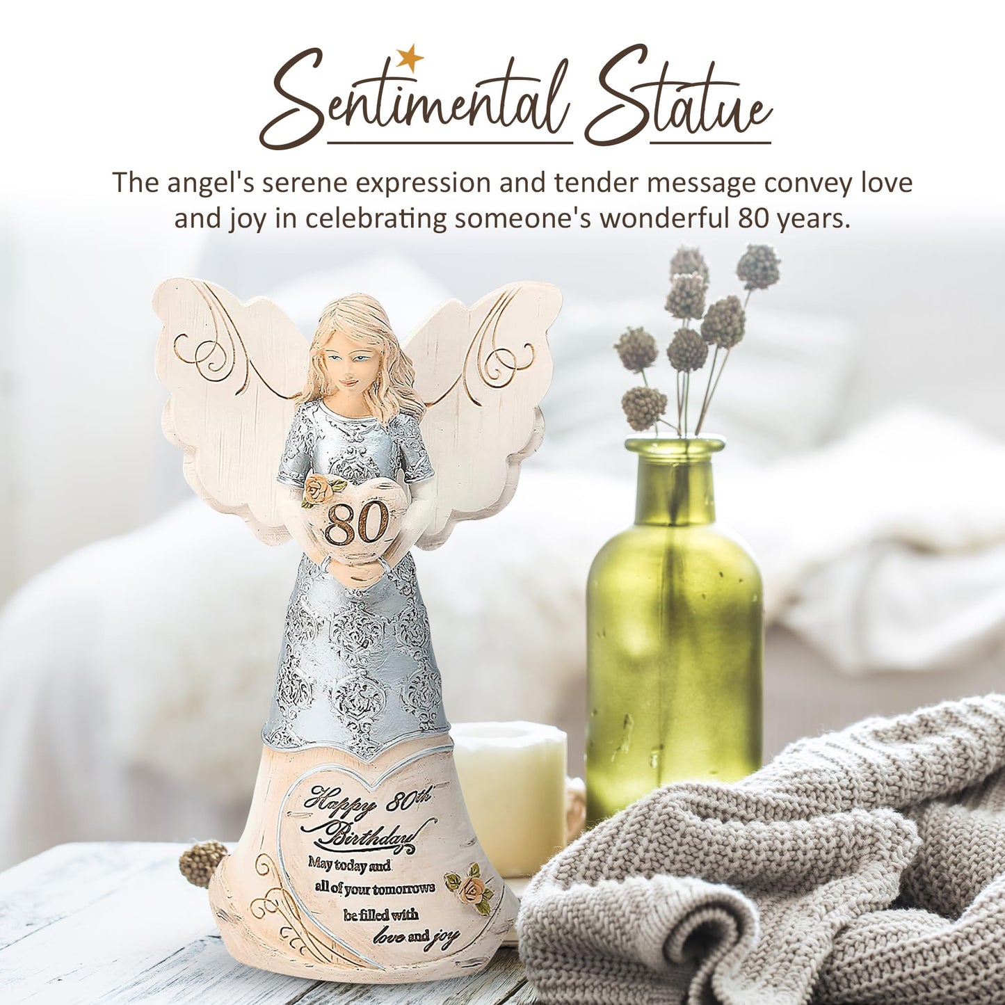 Pavilion 'Happy 80th Birthday' 82475 Elements Angels - Polyresin Birthday Angel Figurine - Silver Hand-Painted Remembrance and Keepsake Gift Angel for Grandmothers, Mothers, Aunts, Friends, Women