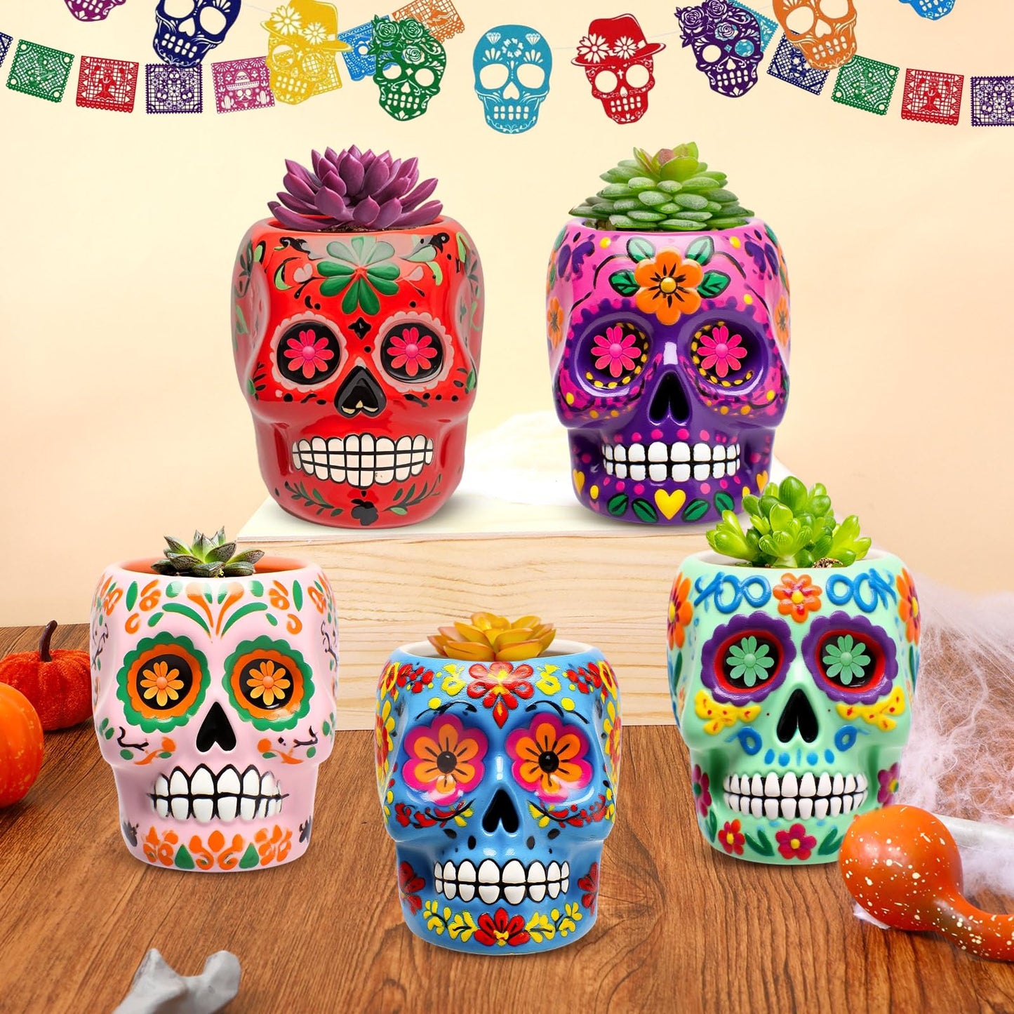 Pasimy 6 Set DIY Ceramic Succulent Planter Pots Paint Your Own Flower Pots Craft Kit Unpainted Bisque Paintable Flowerpot with Brush Palette Ready to Paint for Family Activity Gift (Skull)