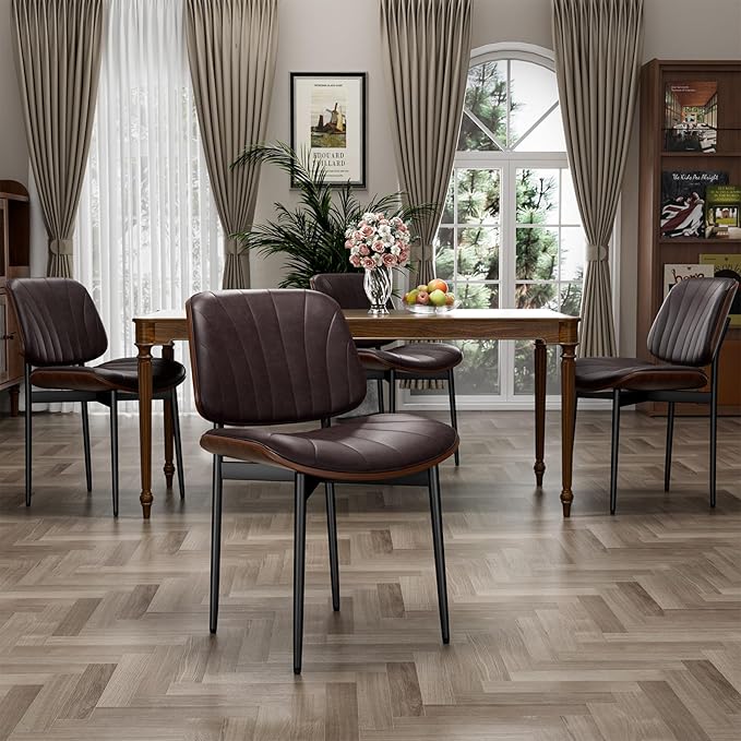 YaFiti Dining Chairs Set of 6, Dining Room and Kitchen Chairs, Mid Century Modern Accent Chair, Upholstered PU Leather Chairs for Vanity with Walnut Bentwood and Metal Legs, Brown