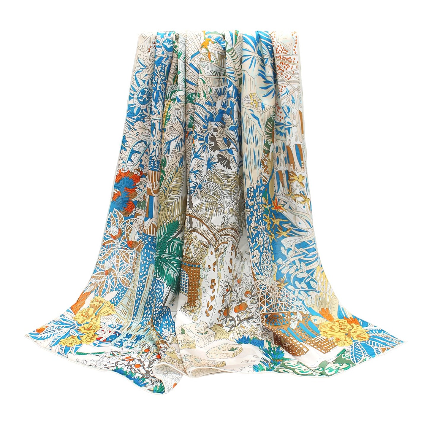 ANDANTINO 100% Silk Scarf 43" Large Square Lightweight Headscarf& Shawl–Women Hair Wraps-With Gift Packed (Beige&Blue)