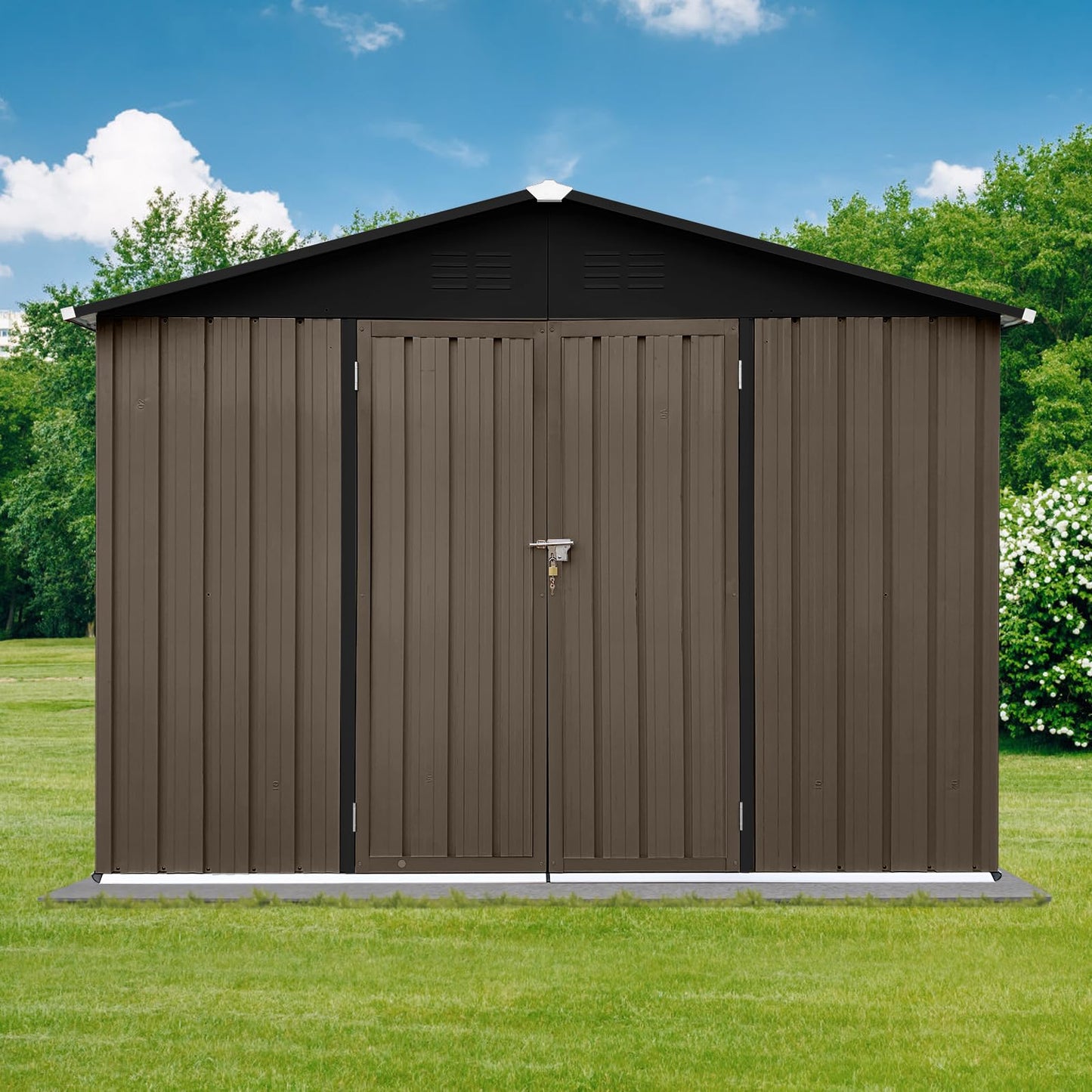 Jintop 6x8 FT Outdoor Storage Shed,with Hinged Door and Padlock,Pitched Roof Metal Garden Tool Sheds,w/Punched Vents,for Storing Bicycles, Lawnmowers, Barbeques,Garden Tools,Brown + Black