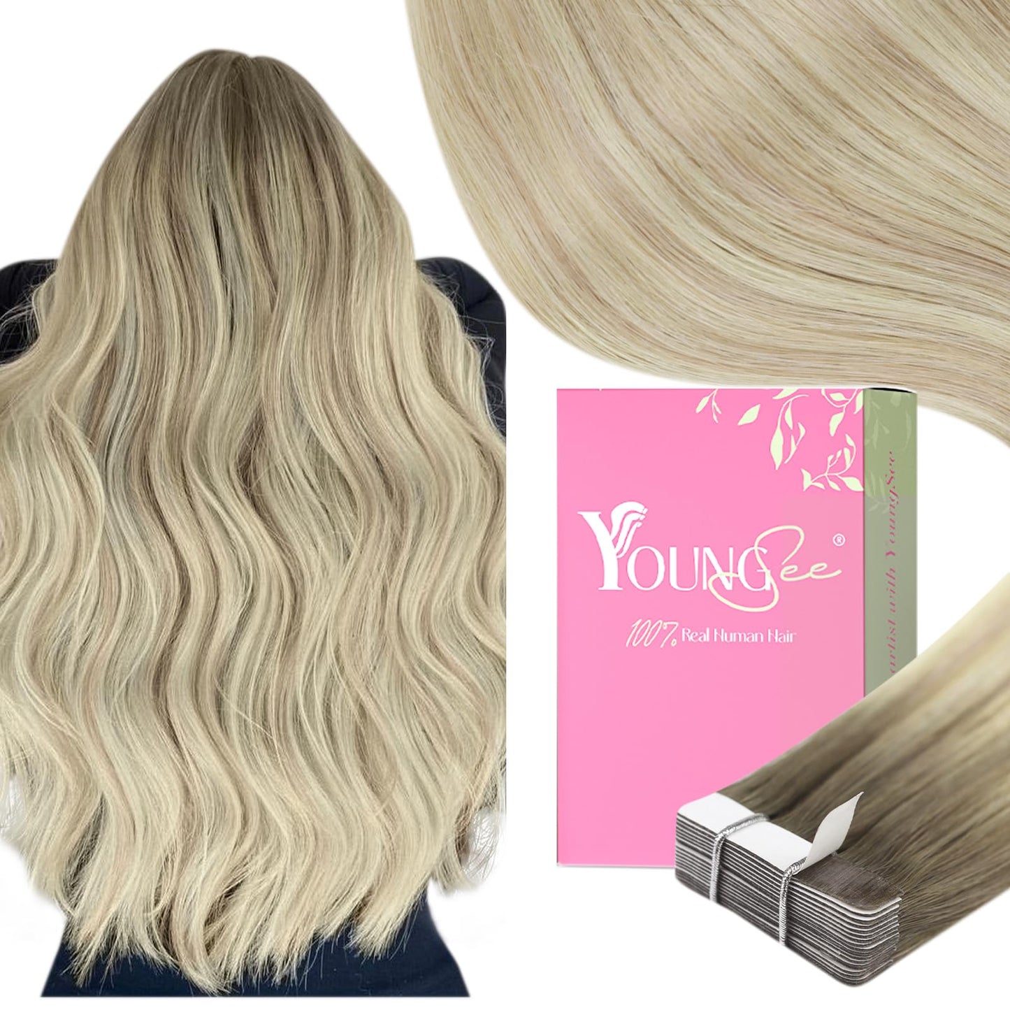YoungSee Tape on Hair Extensions Balayage Ash Blonde Ombre Platinum Blonde Tape in Hair Extensions Real Human Hair Balayage Tape