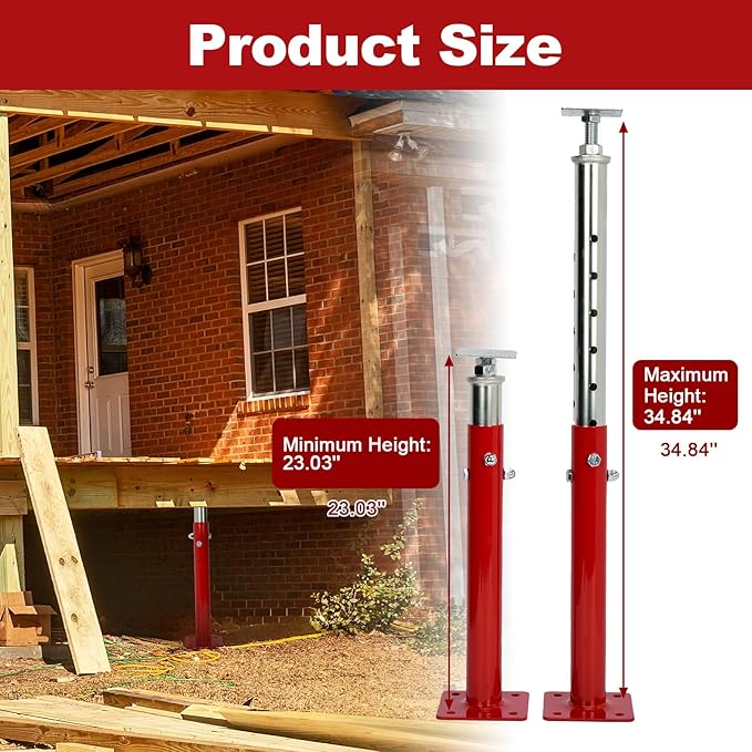 2 PCS Adjustable House Jacks Post for Leveling, 19"- 36"(1'7"-3') Floor Joist Support Jack for Basement and Crawl Space, 4400 lbs Max Load Capacity(Each), Galvanized Steel, Red