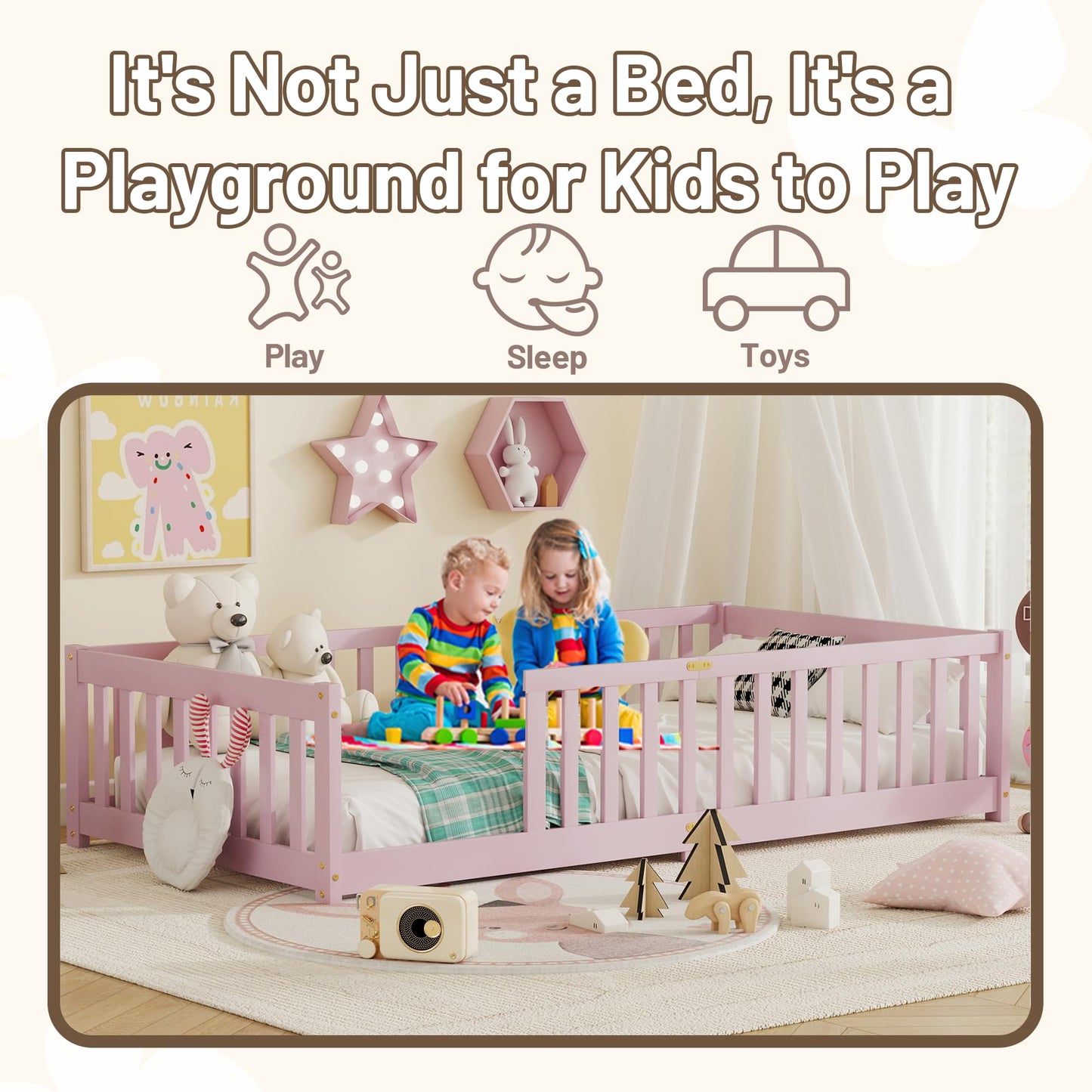 Duxelifin Twin Toddler Floor Bed, Wooden Montessori Bed Frame for Kids, Twin Size Bed Frame with Rails for Kids, Boys and Girls, No Box Spring Needed, Pink