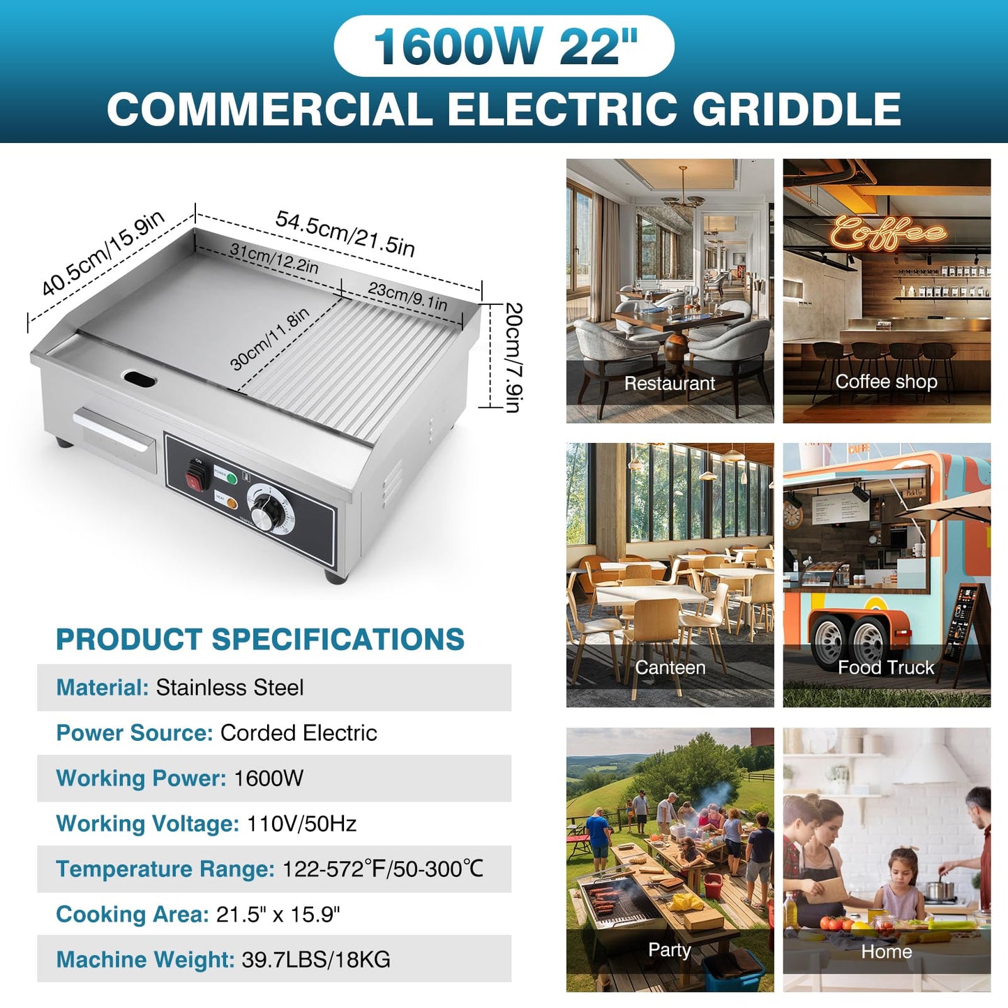 IRONWALLS Electric Griddle Nonstick 22 Inch, Stainless Steel Commercial Griddle for Indoor & Outdoor, 2-IN-1 Half Flat Top Griddle Grill for Restaurant & Home, 122℉-572℉ Adjustable Temperature