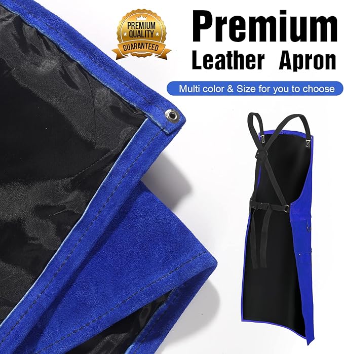 QeeLink Leather Welding Apron with 6 Pockets - Heat & Flame-Resistant Apron, 24'' X 42'', Adjustable M to XXXL (Blue)