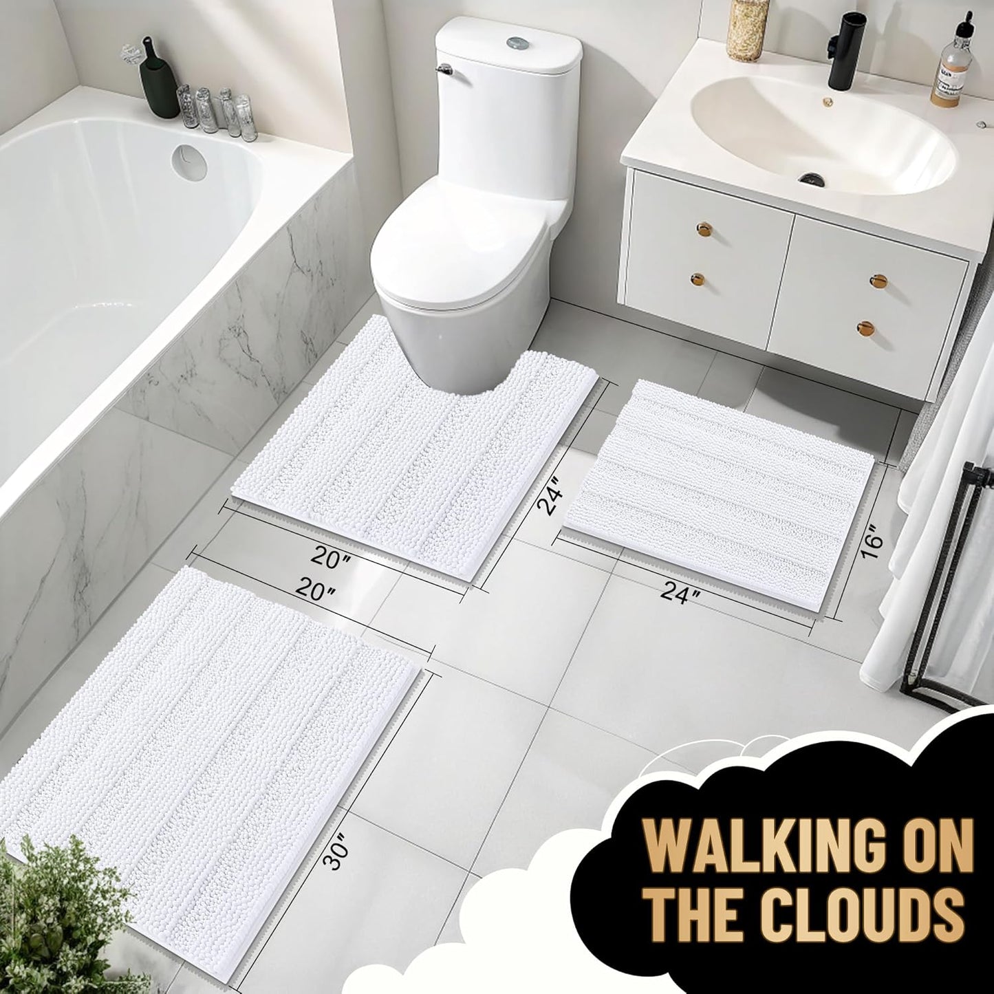 OLANLY Thick Bathroom Rugs 30x20, Extra Soft Absorbent Chenille Striped Bath Rugs, Rubber Backing, Machine Wash Dry, Bath Mats for Bathroom Floor, Tub and Shower, Home Decor Accessories, White