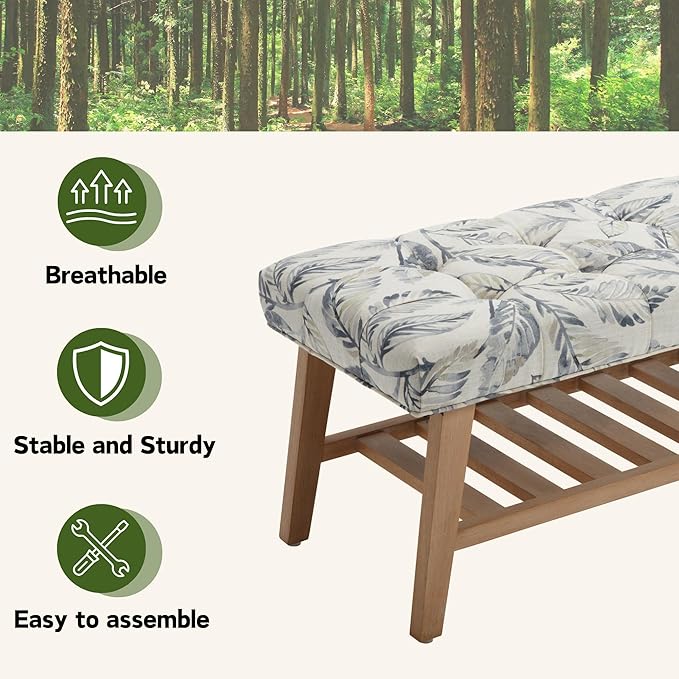 Janoray Entryway Shoe Bench Storage Benches with Upholstered Button Tufted Seat and Open Slatted Shelf Linen Shoe Rack for Hallway Living Room Bedroom End of Bed, Pattern