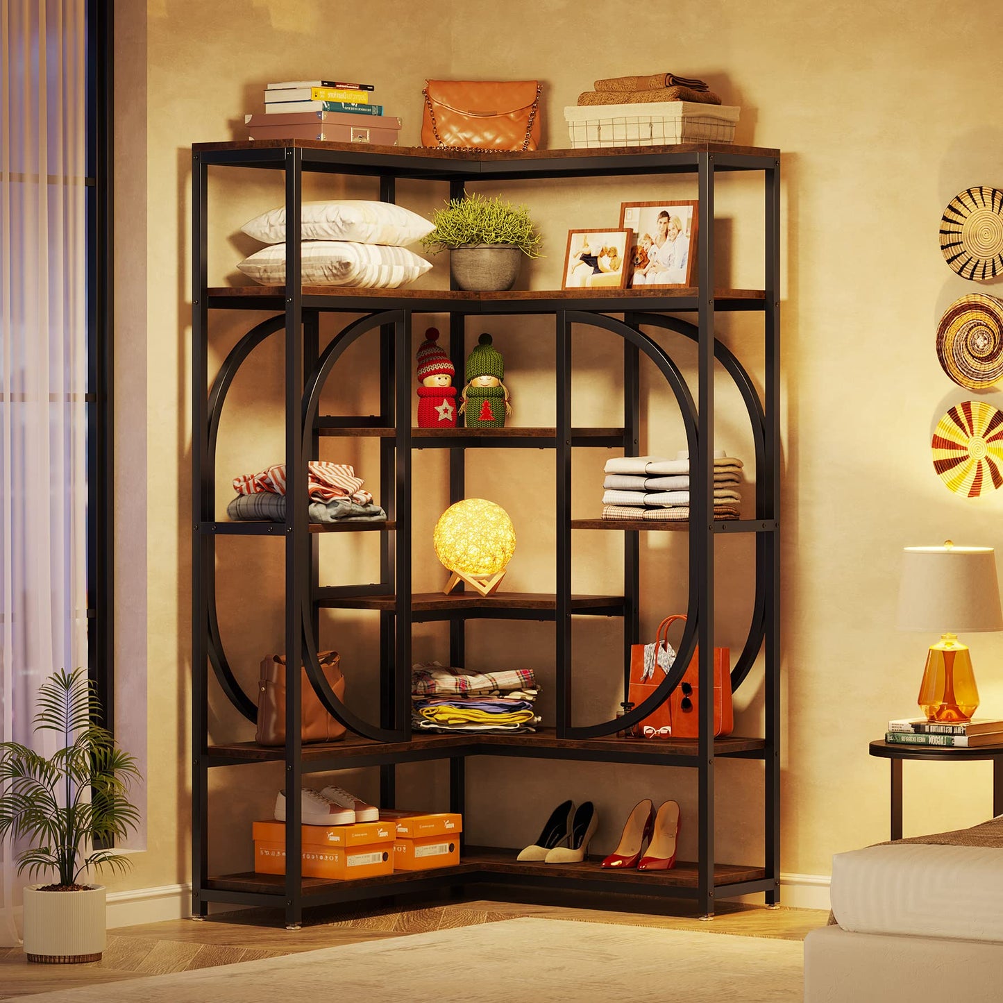 Tribesigns 7-Shelf Corner Bookshelf, Large Modern Corner Bookcase, Tall L-Shaped Corner Shelf Stand Display Rack with Storage, Metal Frame for Living Room Home Office (Rustic Brown)