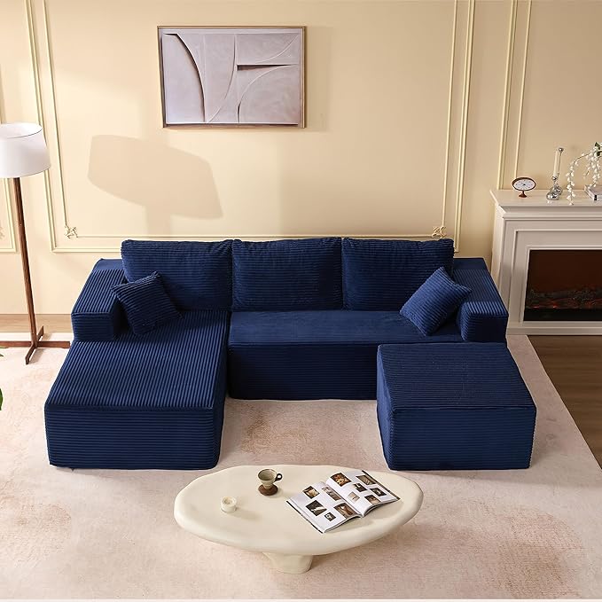 Afuson 107" Boneless Couch with Deep Seat, Modular Sectional Sofa, Cloud Sectional Couch for Living Room, No Assembly Required, Corduroy, U-Shape 3 Seater Left, Blue