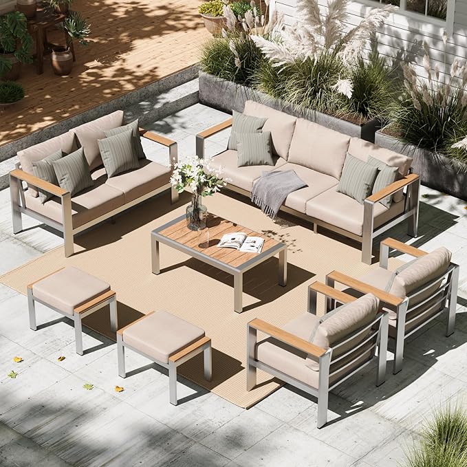 Oasbira Aluminum Outdoor Patio Furniture Set with Coffee Table, 7 Piece Patio Conversation Sets with Thick Cushion, Ottomans, Patio Sectional Furniture Set for Porch, Balcony, Deck, Yard, Silver