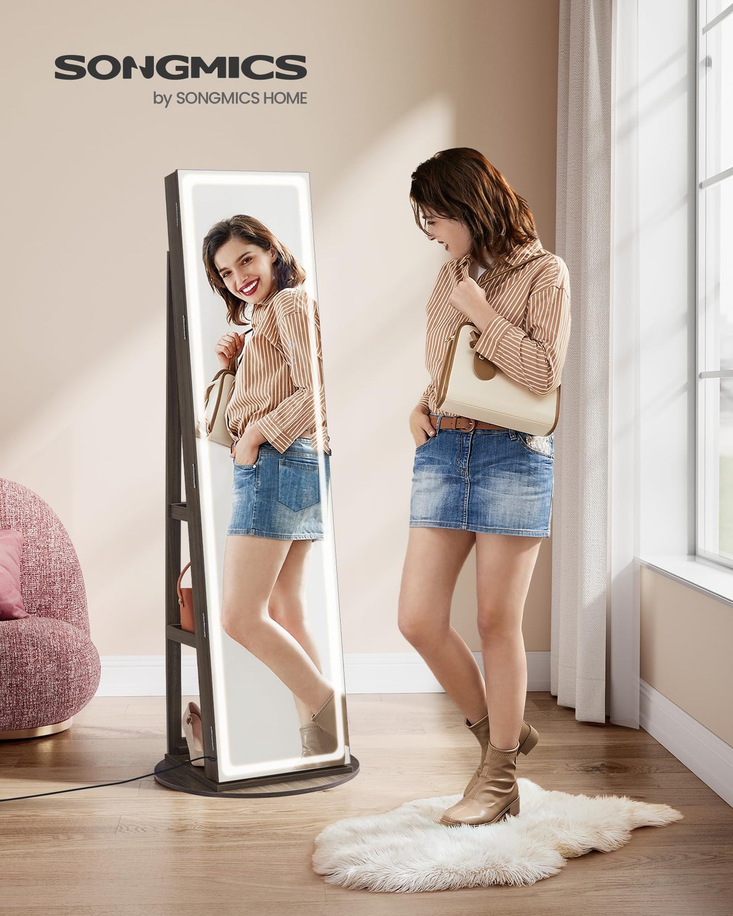 SONGMICS LED Jewelry Cabinet Standing, Lockable Armoire With Full-Length Mirror and Adjustable Lights, Space-Saving Organizer, Gift Idea, Ash Brown UJJC008K02