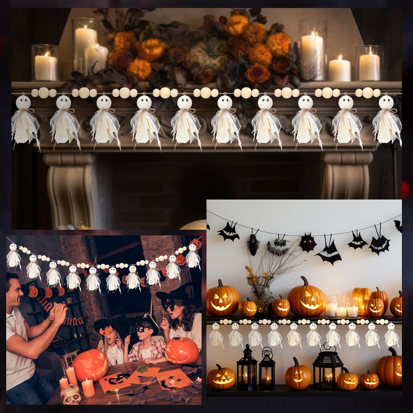 Fanfanwin 7Ft Halloween Garland Cute Halloween Ghost with Wooden Beads Garlands Rustic Ghost Banner for Wall Home Indoor Outdoor Fall Decor Supplies (White)