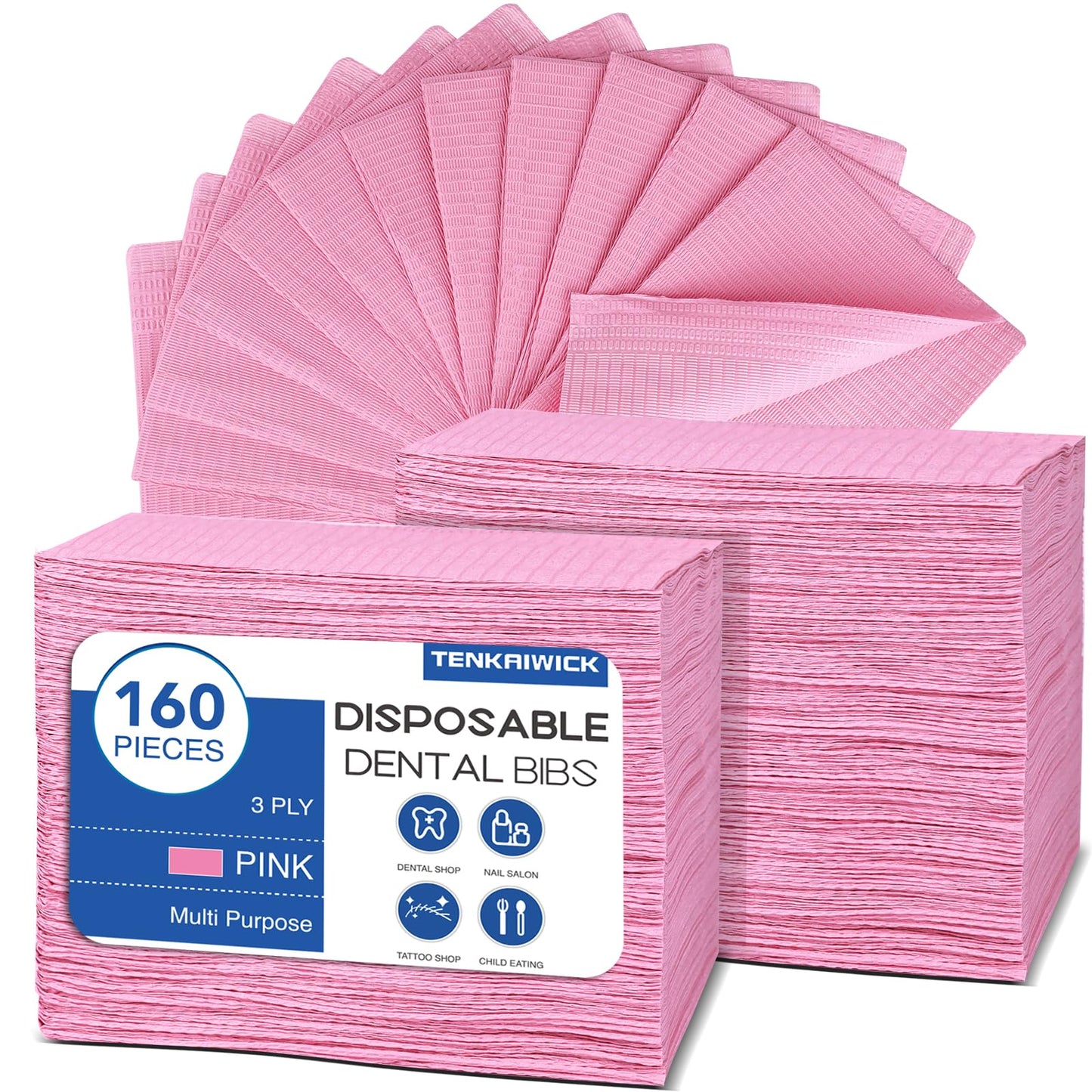 160 Pack Disposable Dental Bibs 13"x18", 3-Ply Waterproof Tattoo Bibs Sheet for Nail Salon, Dental Clinic, Feeding, Tattoo Shop (Pink)