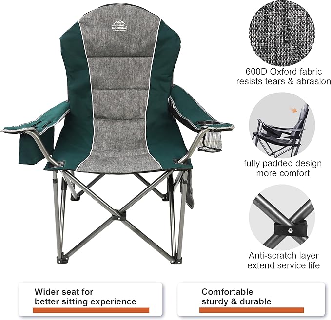 LANMOUNTAIN Camping Chairs for Adults,High Back Folding Camp Chair with Cup Holder and Cooler Bag,Heavy Duty Outdoor Lawn Chairs,Perfect for Camping,Hiking,Picnics,and Beach Trips,Dark Green…
