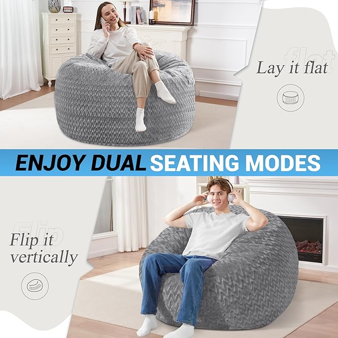 HABUTWAY 3FT Bean Bag Chair,Giant Bean Bag Chairs for Adults,Big Bean Bags with Memory Foam Filled, Large Beanbag Chairs with Chevron Plush Cover-Grey