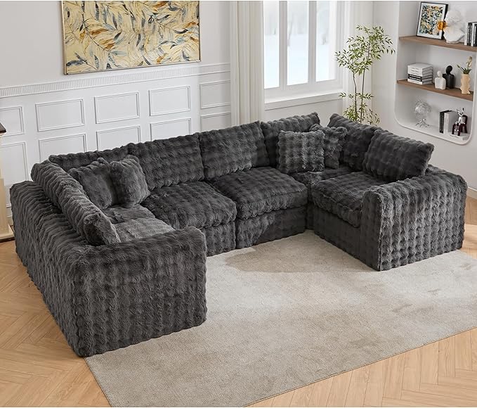 TYBOATLE 135’’ Boneless Slow-Rebound Memory Foam Couch, Cloud Sectional Couches for Living Room w/Upgraded Fabric, Deep Seat Comfy Fluffy U Shaped Modular Sectional Sofa w/Chaise (Grey, 6U)