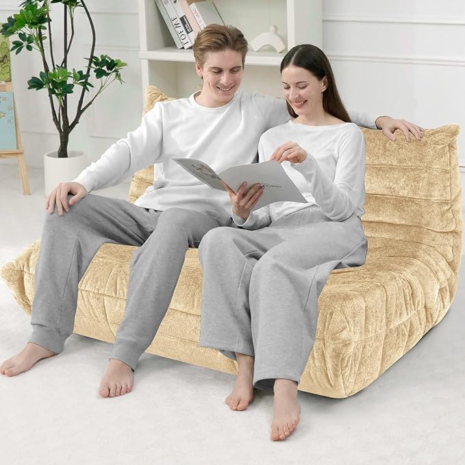 HABUTWAY Bean Bag Chair, Giant Bean Bag Chairs for Adults, Loveseat Fireside Chair, 2 Seater Lazy Bean Bag Sofa Memory Foam Couch for Living Room, Bedroom, Office (Khaki)