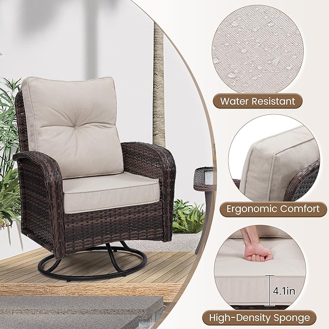wildformers Luxury Outdoor Swivel Wicker Glider Patio Chairs with Table Set, Overstuffed Washable Cushions, Ideal for Porch, Balcony, Deck, Brown Rattan and Beige Cushion