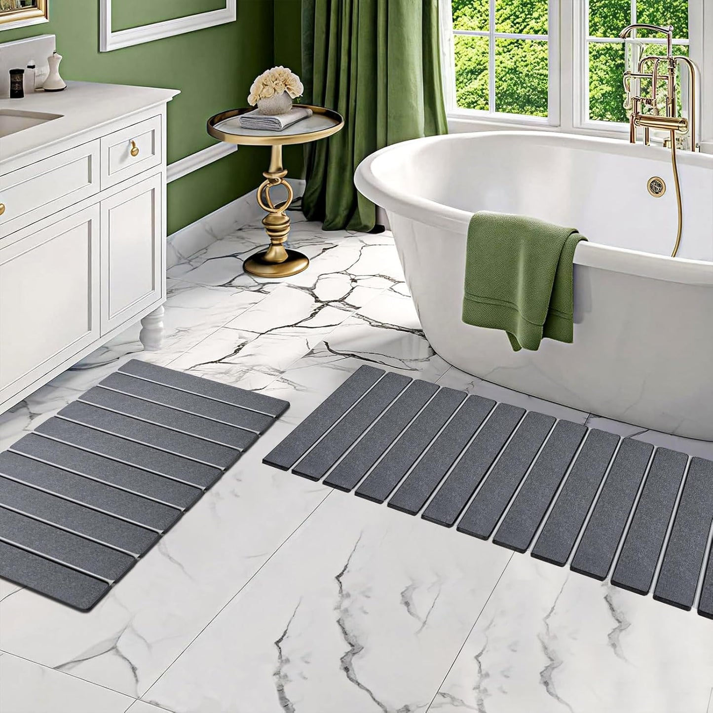 2 Pack Foldable Stone Bath Mats, Gray Super Absorbent Diatomaceous Earth Bath Rug, Non-Slip Shower Mat, Quick-Drying Bath Rug and Drying Mat for Tub and Shower