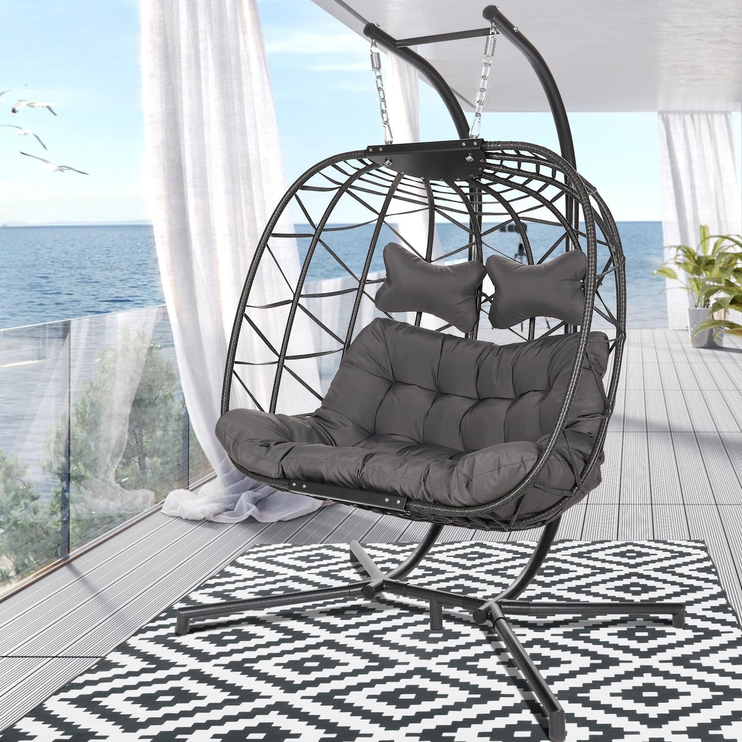 BLUEXYARD Large 2 Seater Hanging Egg Chair with Stand, 700 Lbs Capacity Oversized Outdoor Wicker Hammock Loveseat, Comfortable Cushioned Double Swing Chair for Balcony Garden Bedroom Patio, Dark Gray