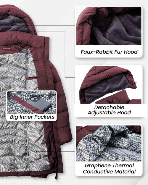 PUREPEAR Women's Winter Warm Light Long Puffer Jacket with Detachable Hood Red XL