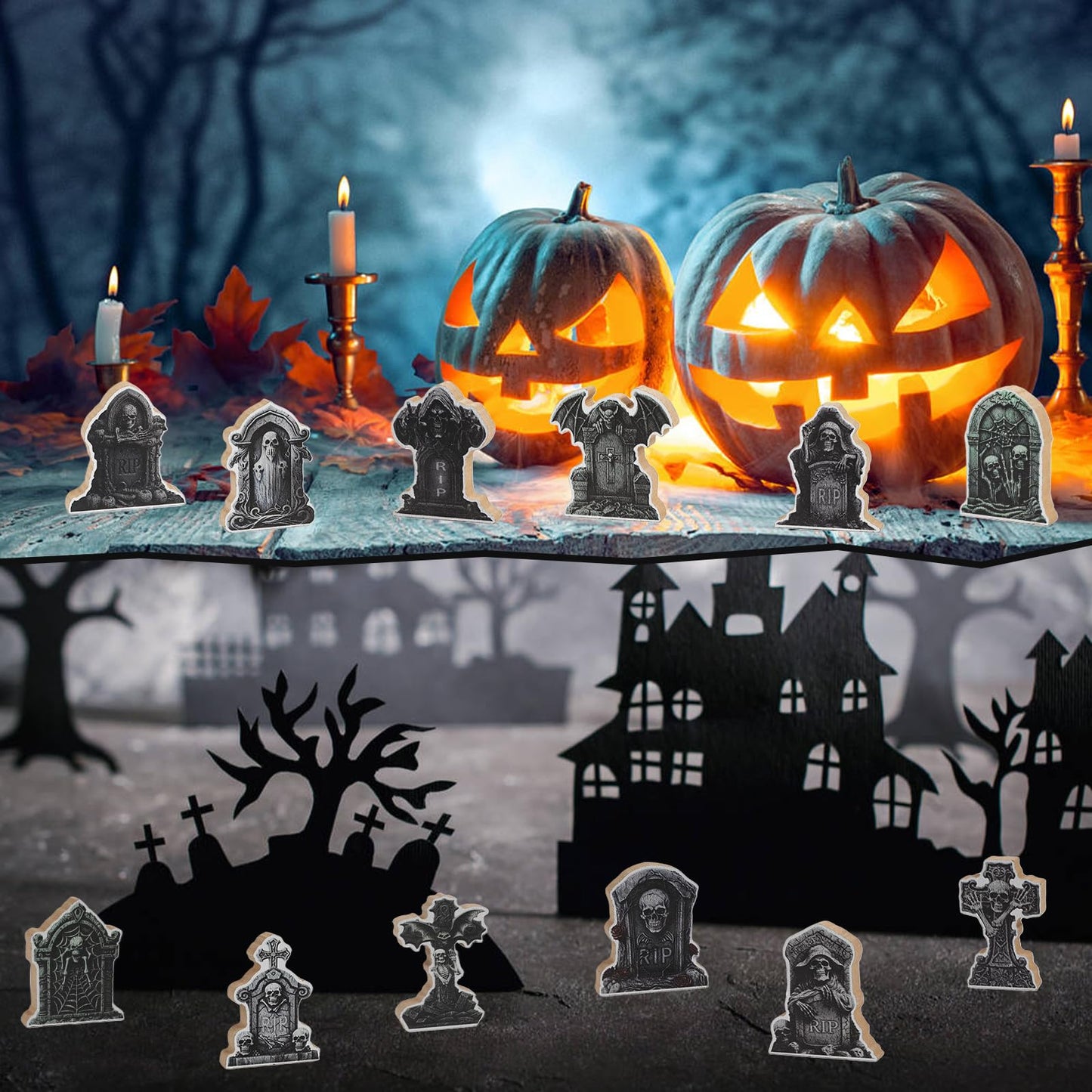 DIYASY 12 Pcs Halloween Miniature Tombstones Figurines, Mini Resin Graveyard Gravestone Tiny Village Headstones Accessories for Graves DIY Crafts Outdoor Home Fairy Garden Dollhouse Decor