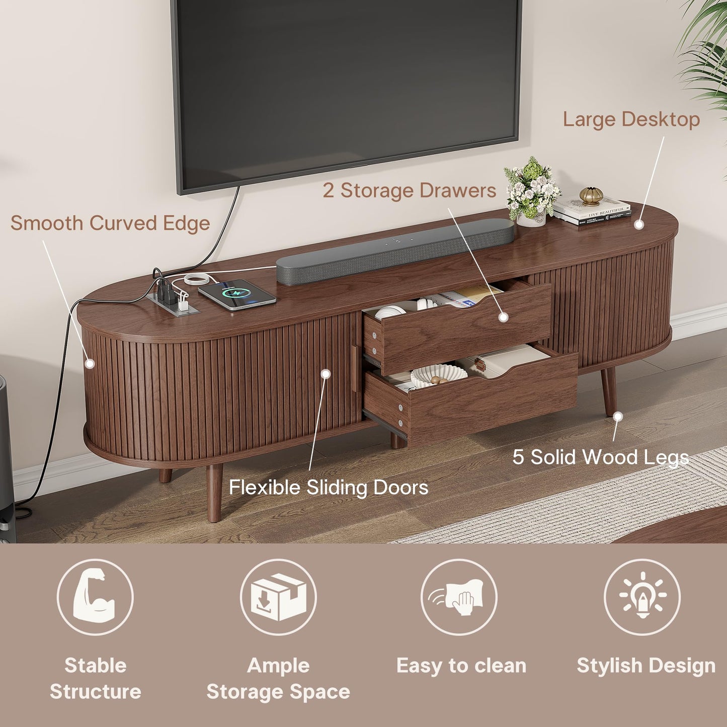Alohappy 59" Mid Century Modern TV Stand with Charging Station, Curved Edge Fluted TV Media Console Table with Drawer and Shelf, Farmhouse Entertainment Center for Living Room, Bedroom, Walnut