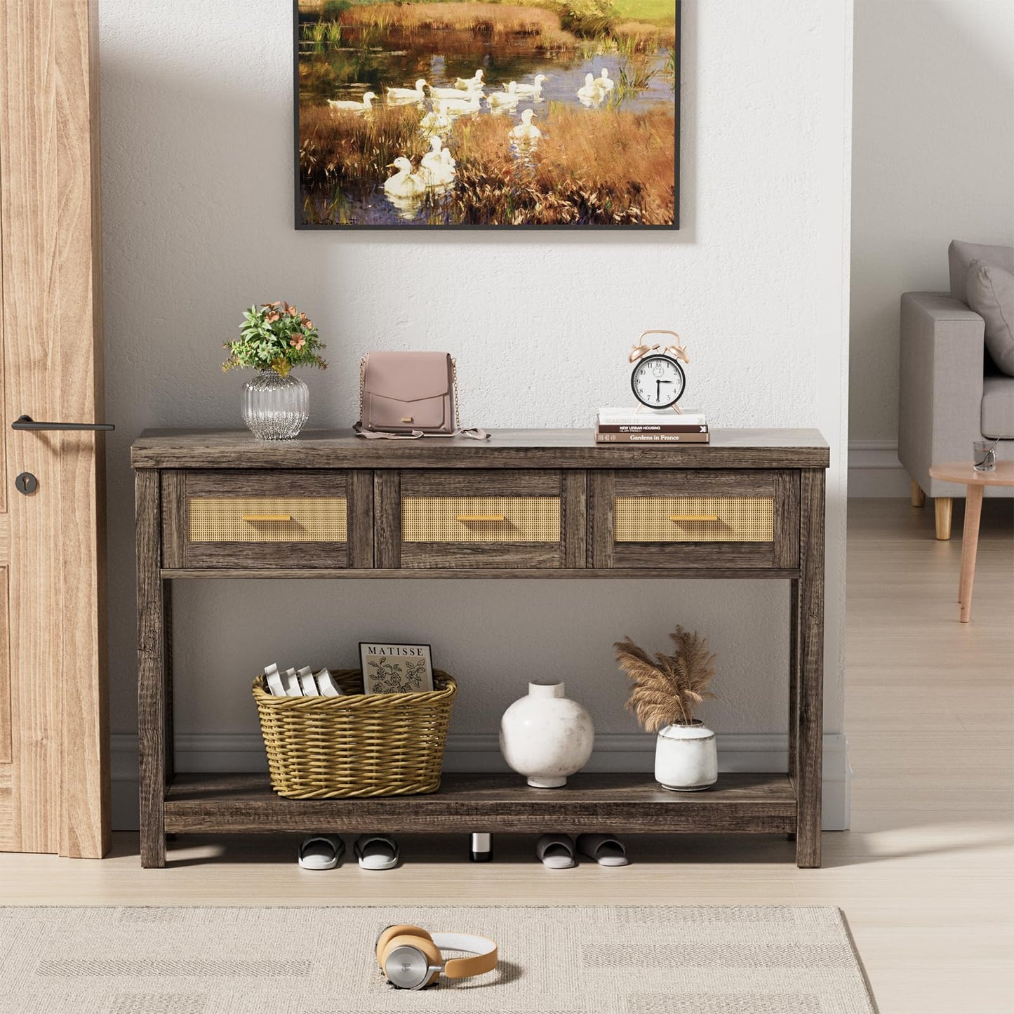 Alaxgumrol 51.2" Console Table, Industrial 2-Tier Narrow Sofa Table Entryway Table with 3 Drawers, Wood Accent Tables with Storage Shelf for Living Room, Hallway, Foyer, Entrance Bedroom Gray Oak