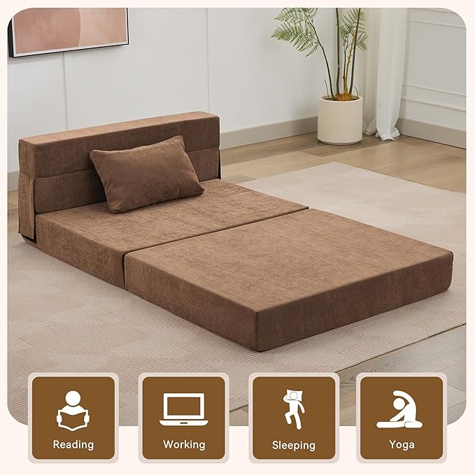 WUTUTUEE Folding Sofa Bed Convertible Floor Couch Foldable Chair Bed with Pillow，Linen Sleeper Chair Futon,Foldable Memory Foam Mattress for Bedroom/Living Room/Dorm/Office (Brown, Standard)