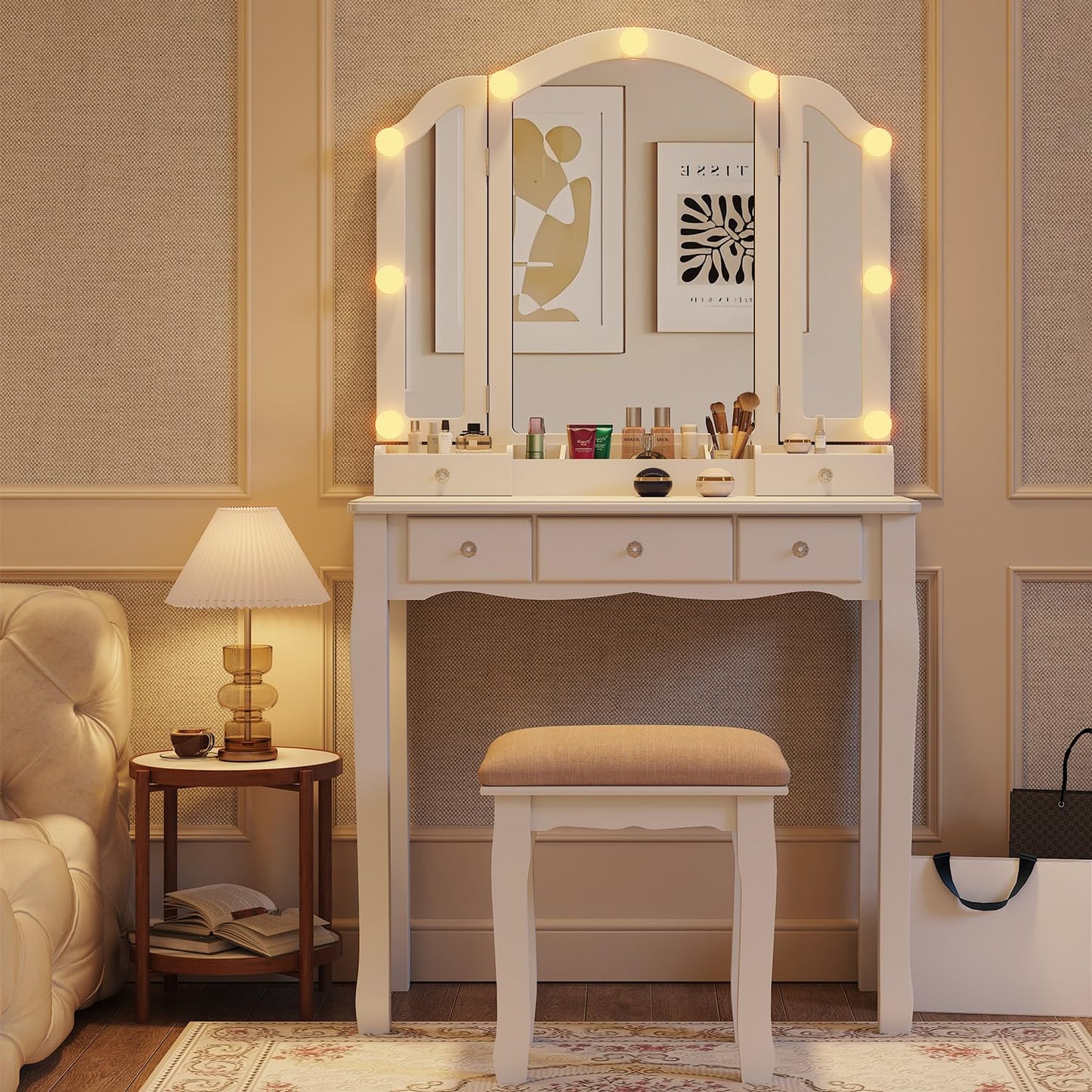Phonrida Makeup Vanity with Lights White Vanity Desk with Mirror and Lights Vanity Table with Lighting Vanity with Mirror with Lights and Drawers Vanity Mirror with Light Desk