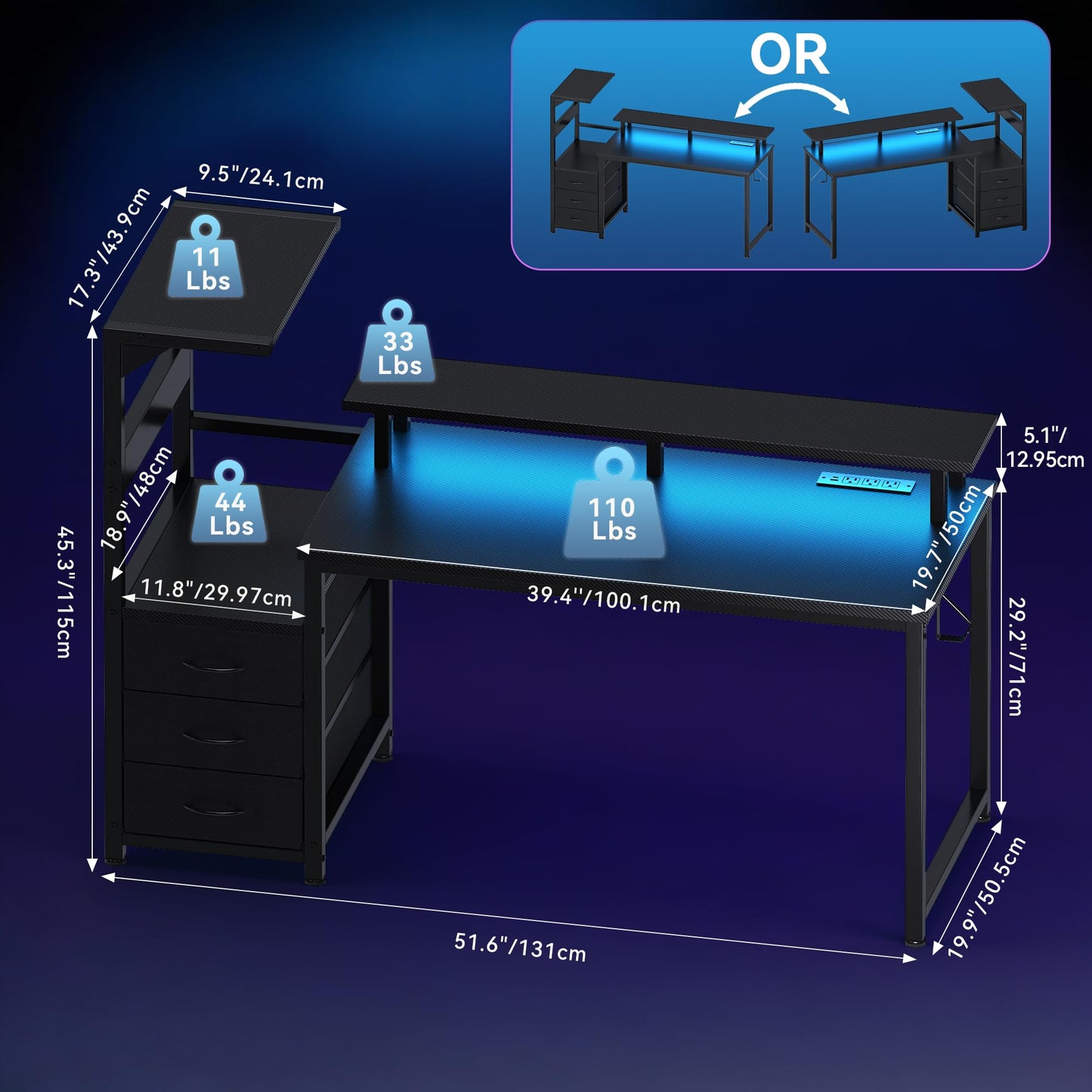 HAPPYMONT Gaming Desk with Shelves Storage Drawers, Computer Desk with LED Lights Power Outlets, Office Table with Shelf Cable Management for Bedroom Dual Monitor Streaming, Black