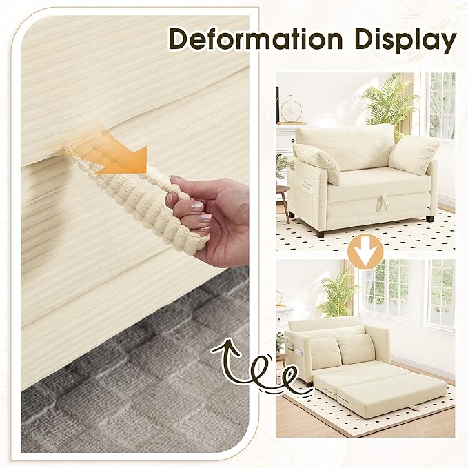 Myroyalsit 51" Convertible Loveseat Sofa Bed, 2-in-1 Folding Sofa Bed with 2 Pillow for Small Spaces, Modern Loveseat Sleeper Couch for Apartment, Living Room & Guest Room (Corduroy Beige, 51 inch)