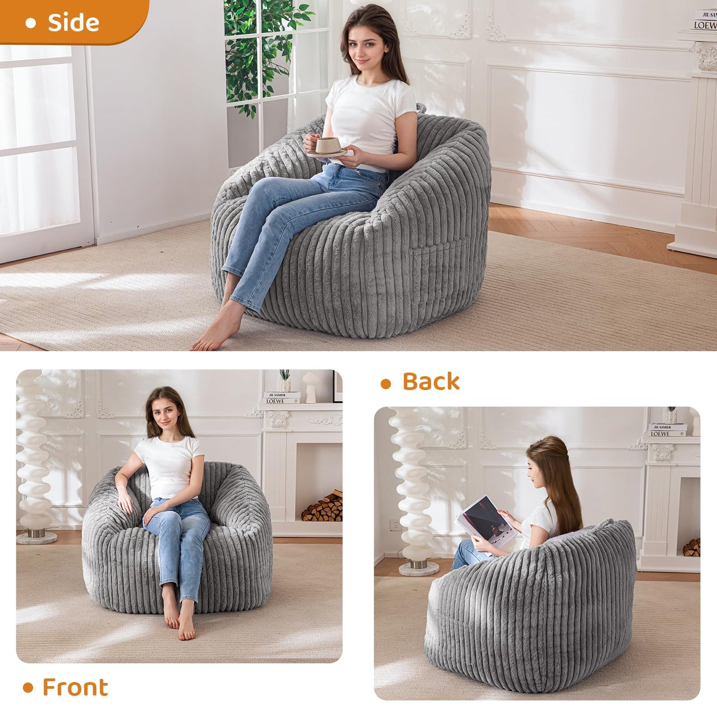BYBYME Giant Bean Bag Chair for Adults and Kids, Large Comfy Cozy Beanbag, Floor Sofa for Teens, Living Room, Gaming, Reading, Grey